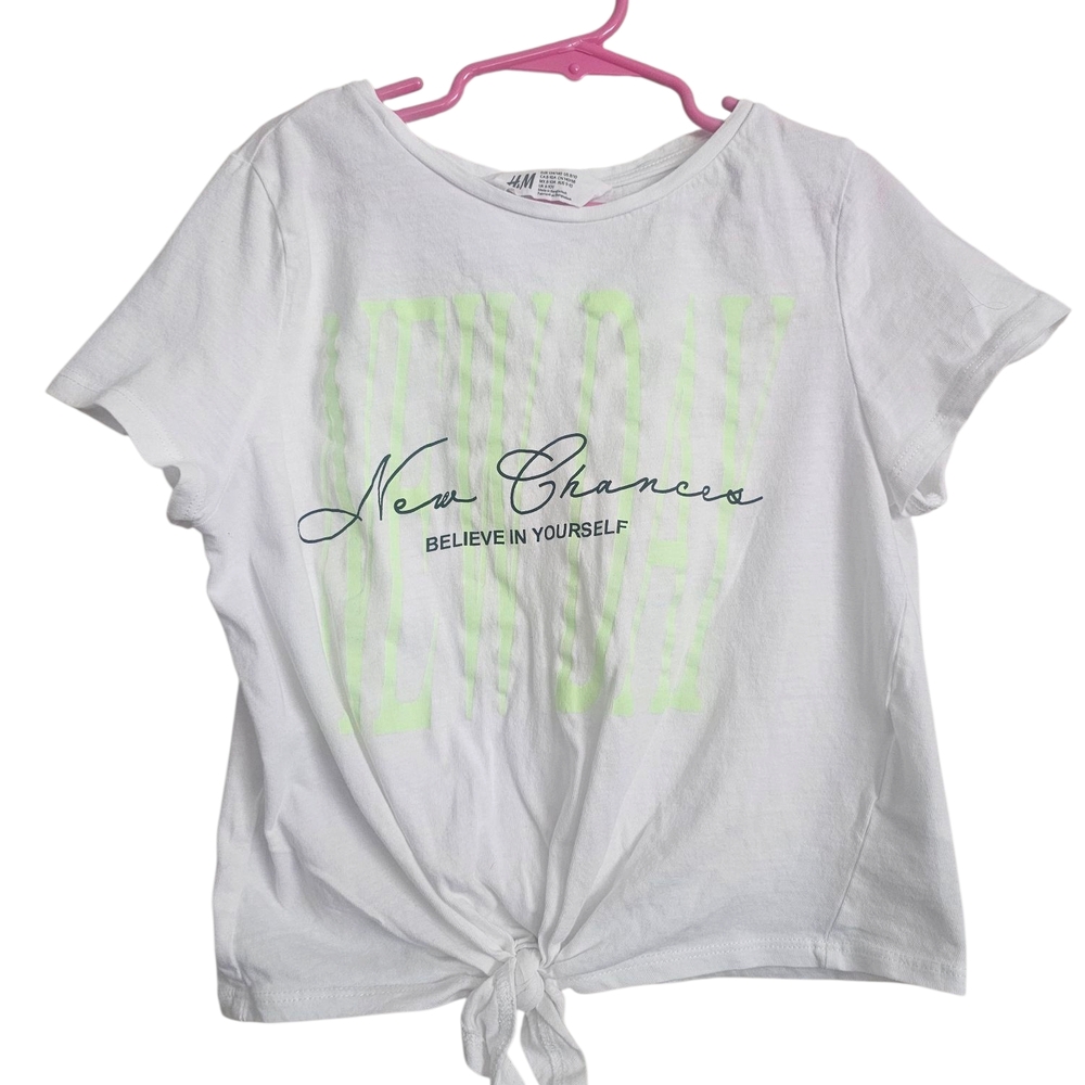 H&M White Kids T-Shirt with Green Print Girls Size 8/10